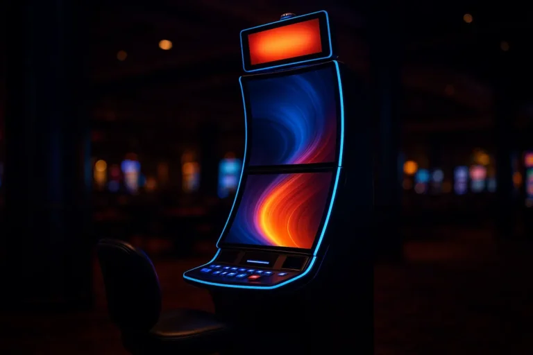 Premium slot machine cabinet with tall dual screens glowing on a casino floor