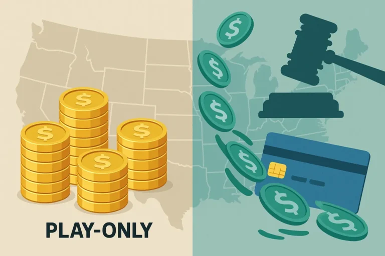 Illustration of gold coins and sweep coins separated by a legal gavel, representing sweepstakes casino regulation