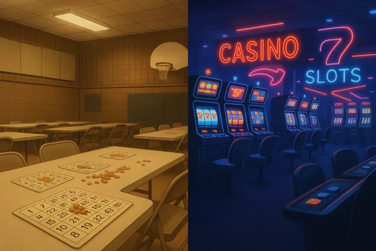 Illustration showing a 1970s gymnasium bingo game transitioning into a modern tribal casino floor