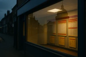 A UK betting shop window at dusk reflecting a government building, illustrating gambling tax reform