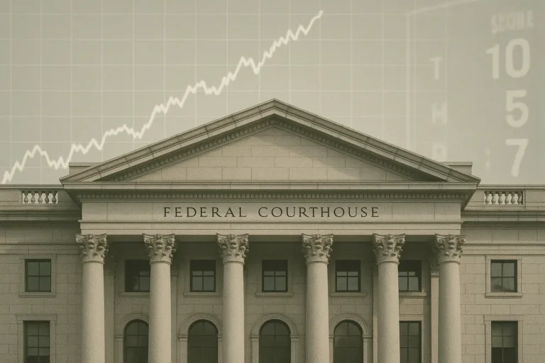 US appeals courthouse with overlaid financial chart and scoreboard graphics representing sports event contracts