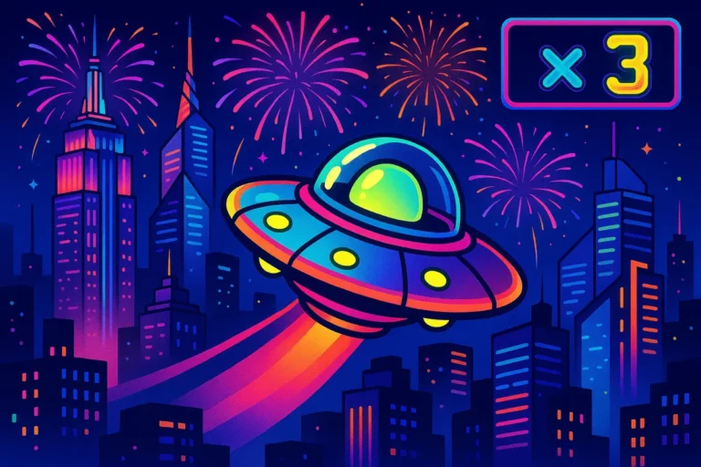 Illustration of a UFO dodging fireworks over New York with a rising crash-game multiplier on screen